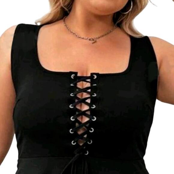 MIDNITE BLACK ☆ LACE-UP FRONT ☆ SKATER DRESS ☆ 5x ☆ NWT - Picture 3 of 8